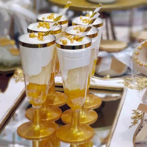金边香槟杯红酒甜品台饮料杯一次性慕斯透明杯子硬塑料甜品台装扮