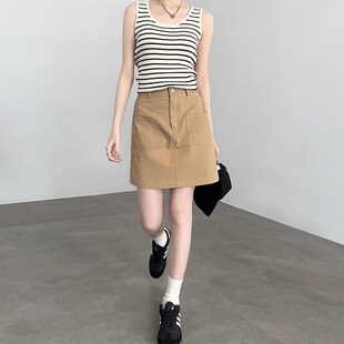 卡其色工装短裙女2024新款夏季高腰a字复古休闲小个子短款半身裙