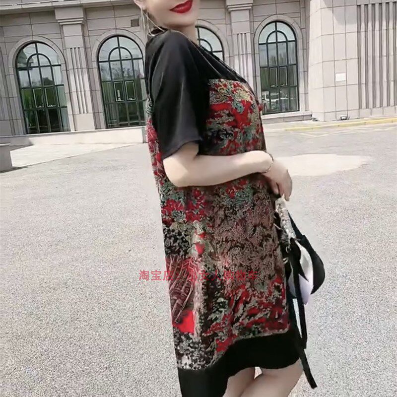 夏装复古盘扣黑色拼接碎花短袖宽松雪纺连衣裙女中长版妈妈打底裙
