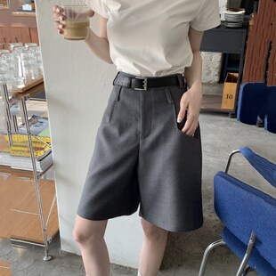 气质宽松阔腿中裤 胖mm灰色西装 大码 女夏直筒垂感休闲五分半裤 短裤