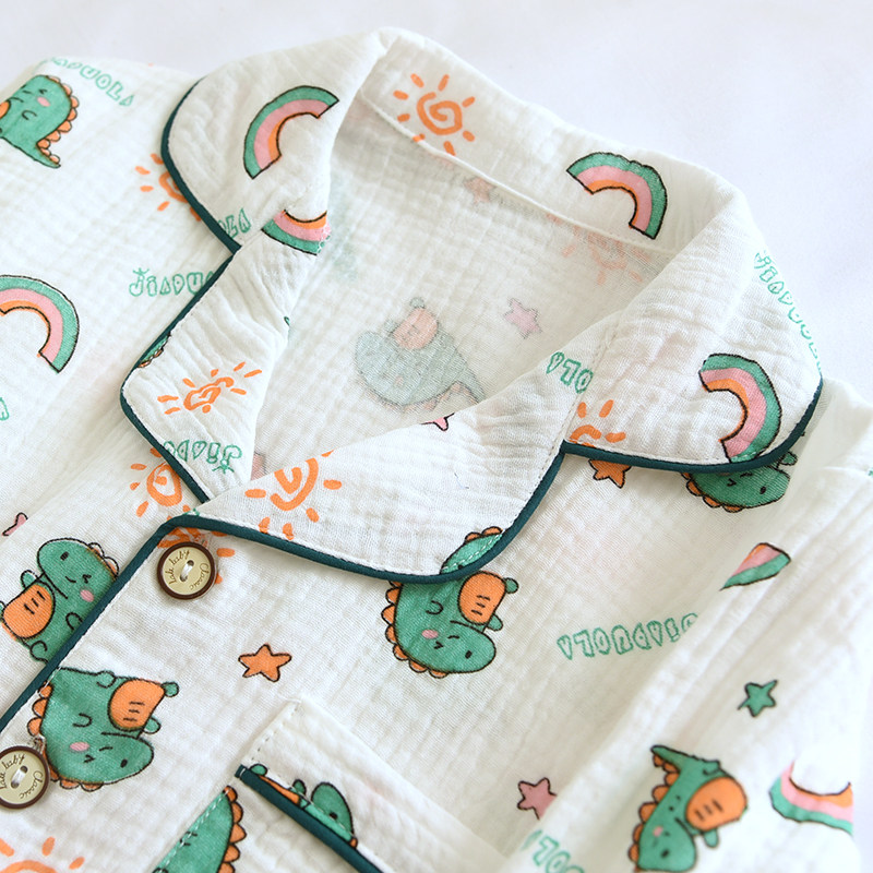 儿童春夏薄款翻领纯棉纱布泡泡棉纱男童可爱全棉睡衣套防蚊家居服