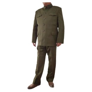 老式全新65胶木扣马裤呢中山装 中老年爸爸中山服毛料马裤呢套装