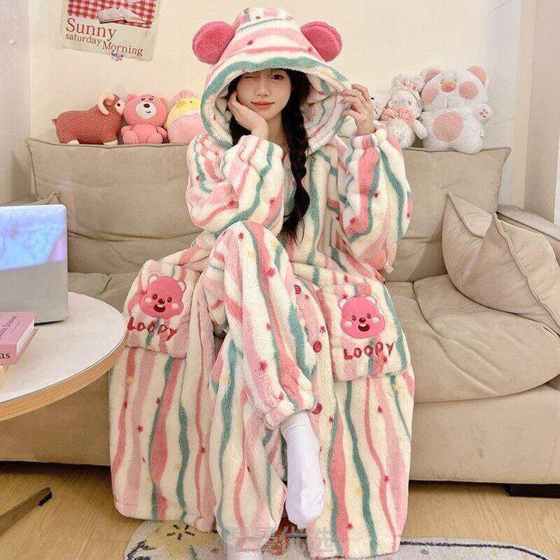 加绒加厚棉睡袍新款女款2025套装连帽保暖拉炼女家居服秋冬季冬天