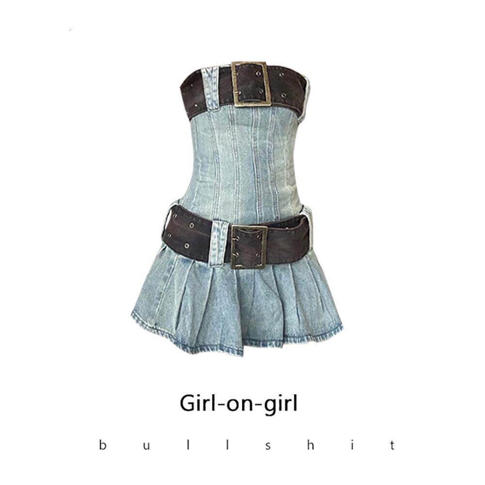 叶舒华同款千禧牛仔抹胸裙连衣裙牛仔裙背带裤打歌服一字肩辣妹