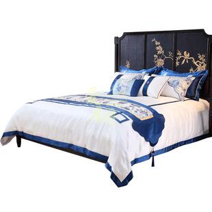 高端新中式 多件套蓝色样板房展厅床品定制 样板间床上用品别墅软装