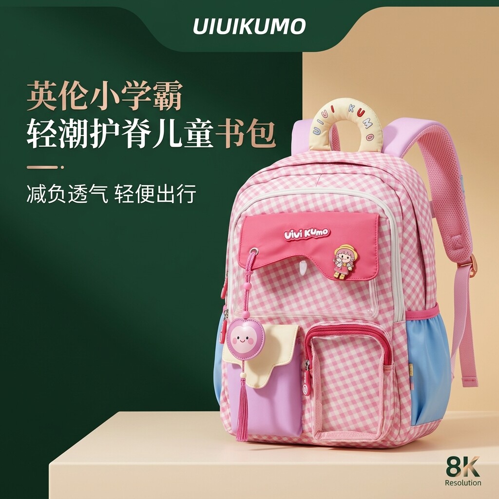 女童校园背包轻便出行卡通减负护脊书包UIUIKUMO英伦风格子儿童书包女小学生轻便双肩包
