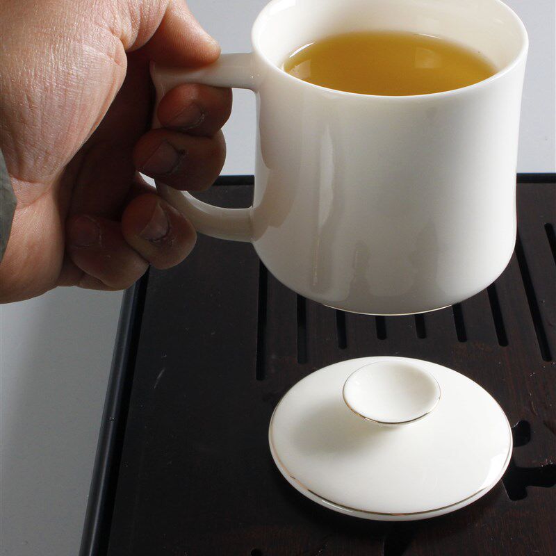 德化羊脂玉白瓷水杯陶瓷茶杯办公杯专用会议杯子个人杯带盖马克杯