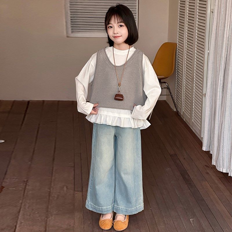 女童牛仔裤春装2025新款儿童休闲长裤子春秋季女大童初中生阔腿裤