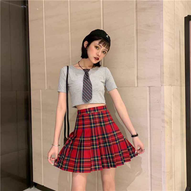 jk百褶裙半身裙夏季高腰女胖mm大码显瘦学院风红色格子a字短裙