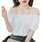 新款 锁骨一字肩短袖 法式 2024年夏季 露肩衬衫 女设计感碎花吊带上衣