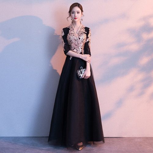宴会演出晚礼服裙女2021新款高贵气质端庄黑色显瘦名媛连衣裙高端
