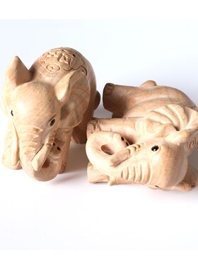桃木雕刻大象摆件木雕桌面双象卷鼻象客厅办公桌装饰品写字台摆件