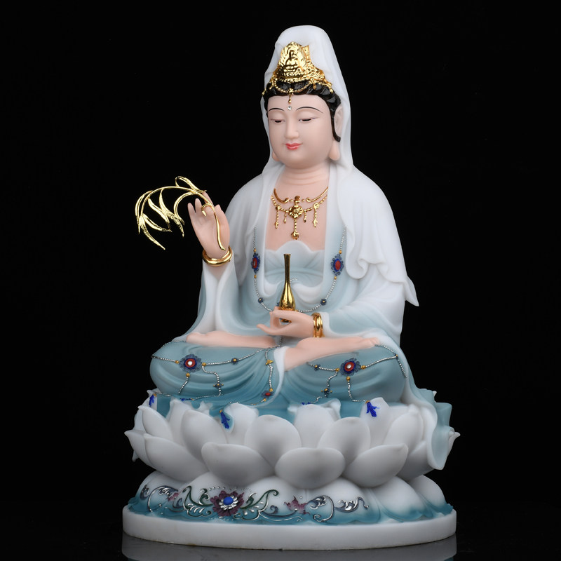 观音佛像汉白玉家用坐莲南海送子观音娑婆三圣神像摆件观世音菩萨