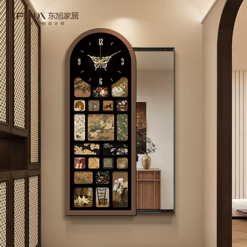 中古风可推拉全身镜带挂钟高级遮挡隐藏式装饰暗藏穿衣镜子壁挂画