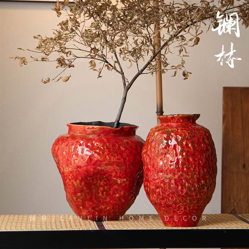 景德镇手工锤纹鲜花水培两用陶瓷侘寂复古台面花瓶禅意粗陶罐朱颜
