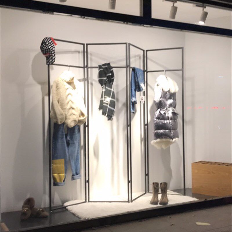 铁艺服装架简约服装店创意折叠屏风衣架橱窗展示架落地中岛侧挂架
