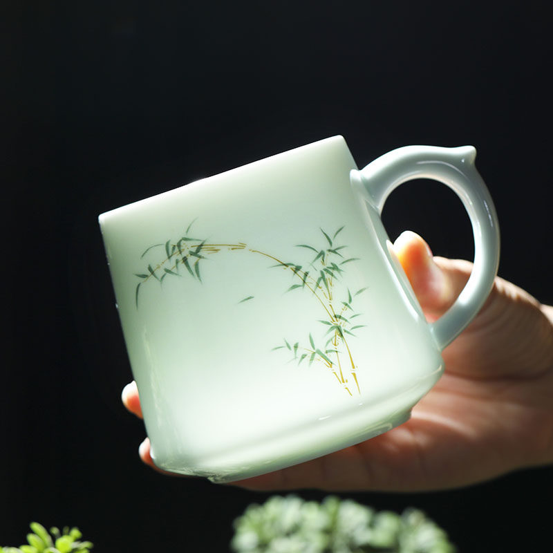 陶瓷茶杯个人专用陶瓷杯带盖办公室高档青瓷茶杯水杯家用定制刻字