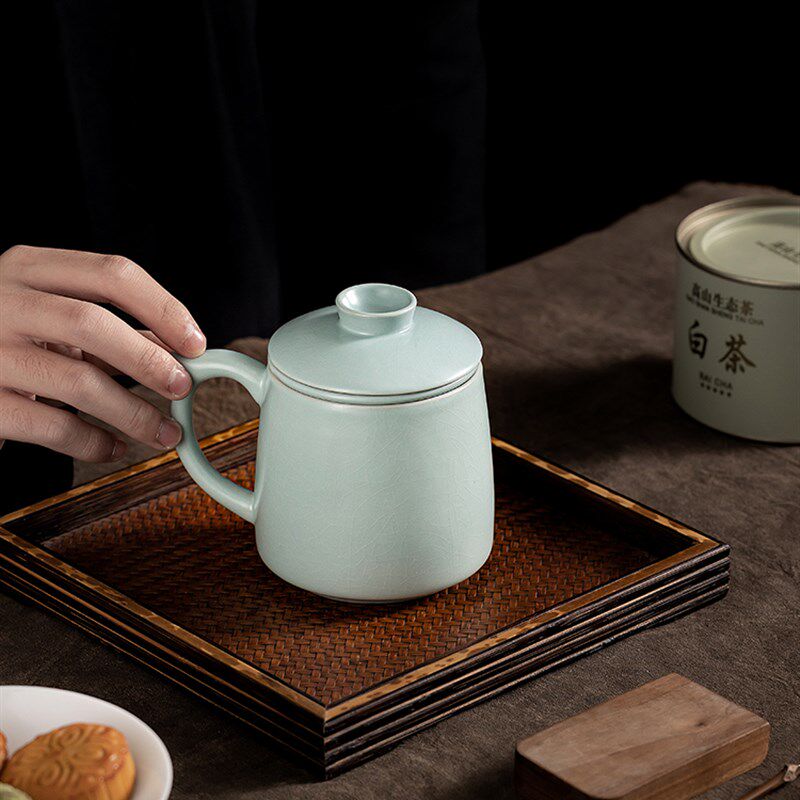 天青汝窑陶瓷带盖水杯茶水分离泡茶杯马克杯个人专用定制茶杯杯子