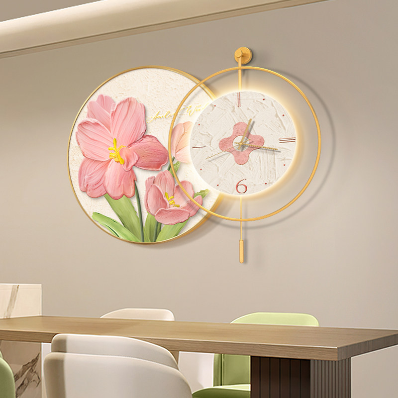 奶油风餐厅装饰画创意钟表饭厅挂画抽象花卉温馨餐桌挂钟发光壁画,家居饰品,现代装饰画,淘宝优惠券,粉丝福利购,淘宝优惠卷