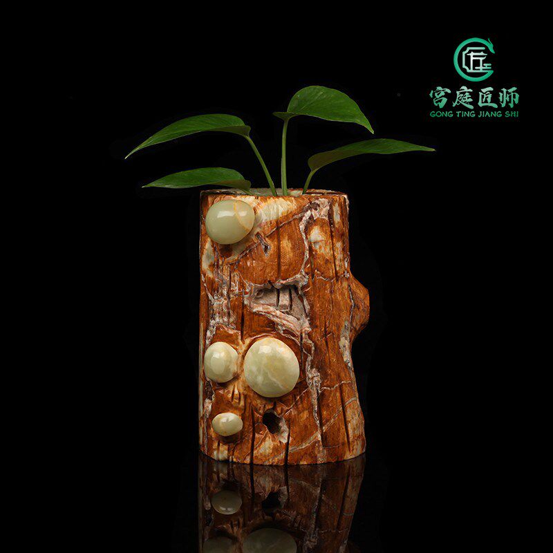 天然玉石枯木逢春摆件客厅玄关酒柜招财蘑菇装饰品办公室桌面摆设