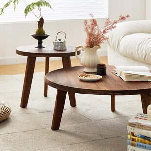 全实木圆形矮茶几侘寂风老松木客厅圆桌组合矮几沙发桌落地子母桌