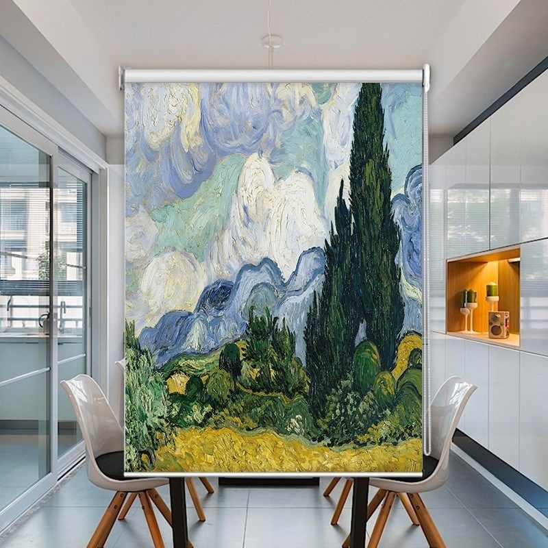 来图定制梵高油画手拉式卷帘窗帘客厅办公室免打孔防水全遮光升降,居家布艺,卷帘,淘宝优惠券,粉丝福利购,淘宝优惠卷