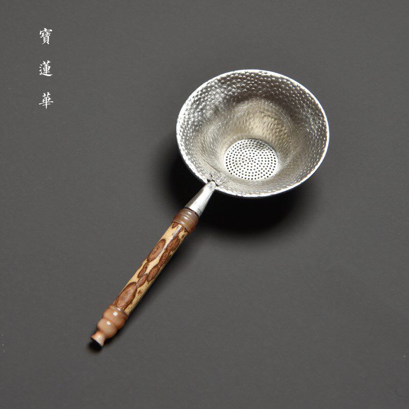 梅鹿竹柄锡茶滤 镶牛角茶漏茶叶过滤泡茶器 中式功夫茶具茶道零配