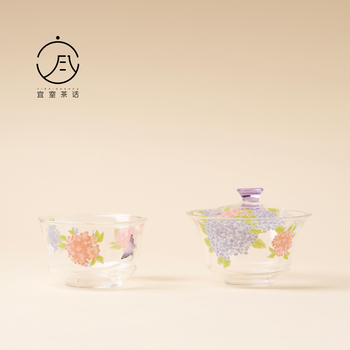宜室茶话绣球花高端玻璃茶杯盖碗小套装一壶一杯旅行茶具一人饮