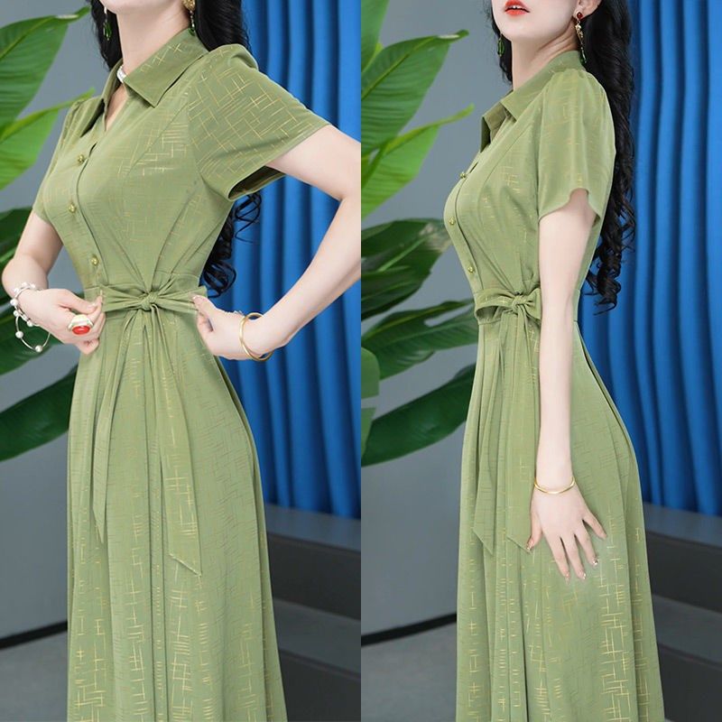 2024年夏季新款时尚短袖连衣裙女气质系带收腰显瘦中长款休闲裙子,女装/女士精品,连衣裙,淘宝优惠券,粉丝福利购,淘宝优惠卷
