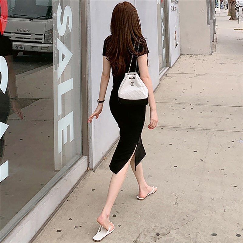 开叉过膝长款连衣裙短袖t恤裙夏显瘦休闲紧身纯棉长裙打底修身裙,女装/女士精品,连衣裙,淘宝优惠券,粉丝福利购,淘宝优惠卷