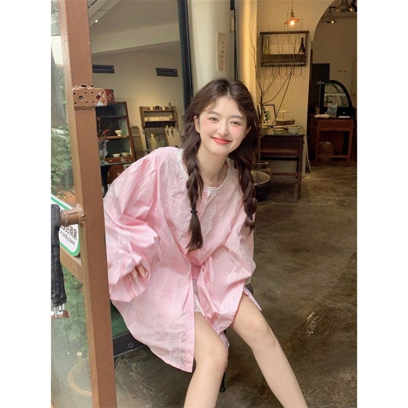 范雯雯 甜桃粉冻 蕾丝拼接喇叭袖衬衫女秋季甜美粉色花边宽松上衣,女装/女士精品,衬衫,淘宝优惠券,粉丝福利购,淘宝优惠卷