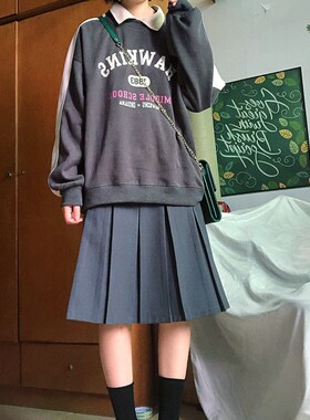 大码灰色百褶裙秋冬女复古高腰包臀微胖m百搭显瘦a字半身裙中长裙