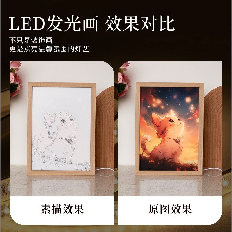 灯光画装饰画猫咪小夜灯生日礼物氛围灯卧室壁画挂画相框来图定制,家居饰品,氛围画/灯画,淘宝优惠券,粉丝福利购,淘宝优惠卷