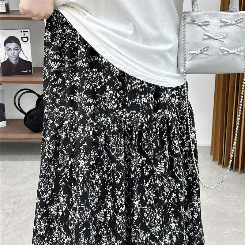 大码黑色碎花半身裙女高腰夏季胖mm遮胯显瘦梨形身材中长款a字裙