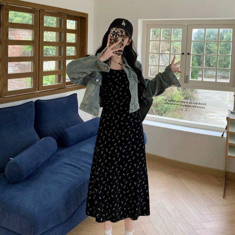 胖mm黑色碎花修身吊带裙遮肚子显瘦弹力长裙+牛仔外套休闲两件套,女装/女士精品,时尚套装,淘宝优惠券,粉丝福利购,淘宝优惠卷