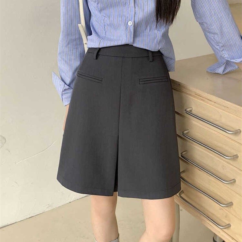 高腰灰色西装半身裙加长版中裙女大码显瘦遮胯a字短裙包臀一步裙