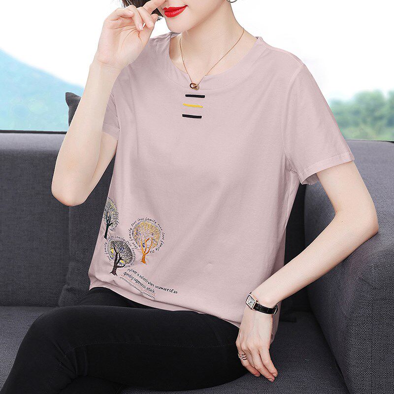 妈妈夏装2024新款纯棉短袖t恤女中老年时尚洋气小衫宽松大码上衣