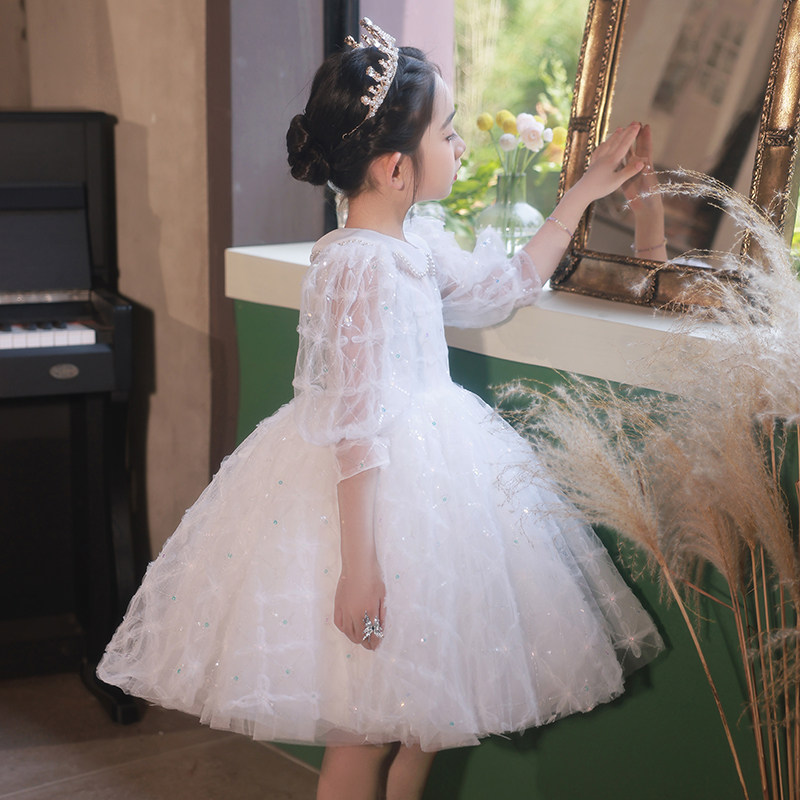 花童小女孩婚礼服白色儿童主持人公主裙蓬蓬纱女童钢琴演出服婚纱