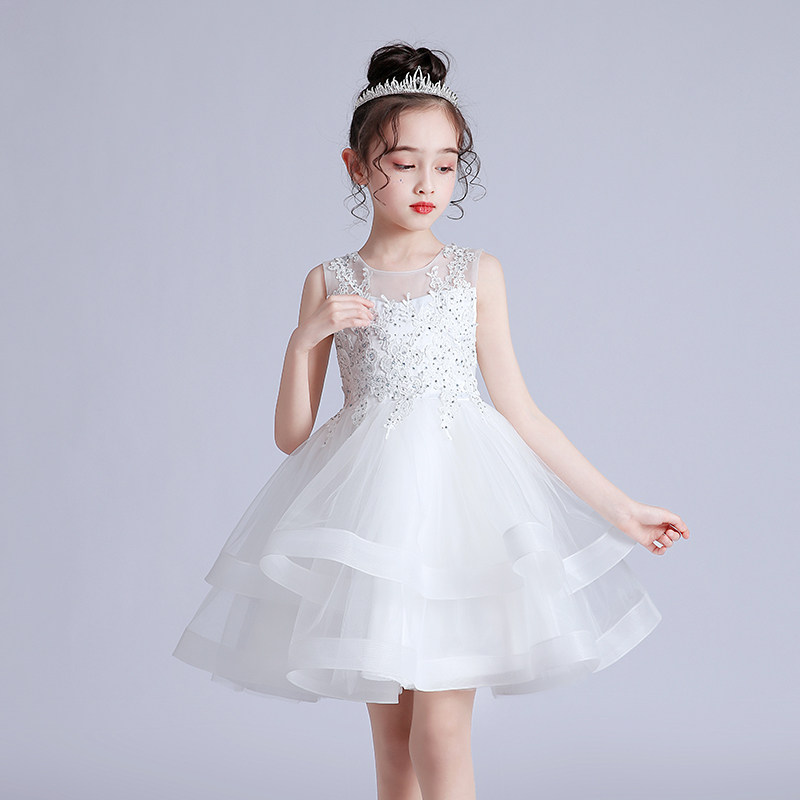 儿童婚纱礼服公主裙白色蓬蓬纱裙女学生模特走秀超洋气连衣裙夏装