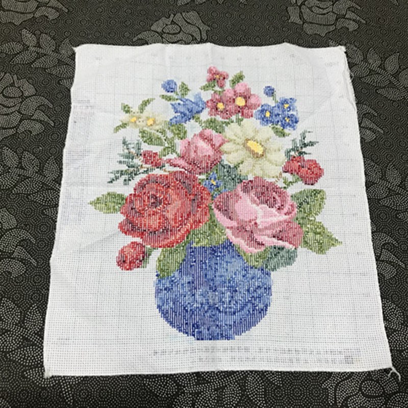 纯手工十字绣成品蓝色瓶子花瓶蓝瓶玫瑰客厅餐厅花草包邮