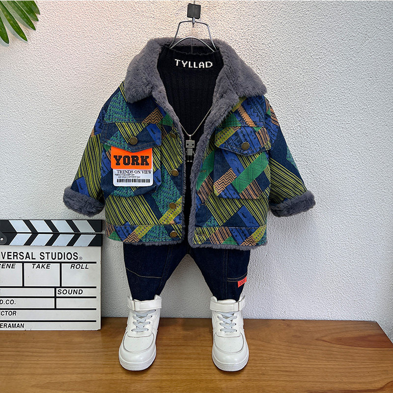 男童冬装加绒牛仔外套2022新款儿童套装秋冬季加厚衣服宝宝冬款上