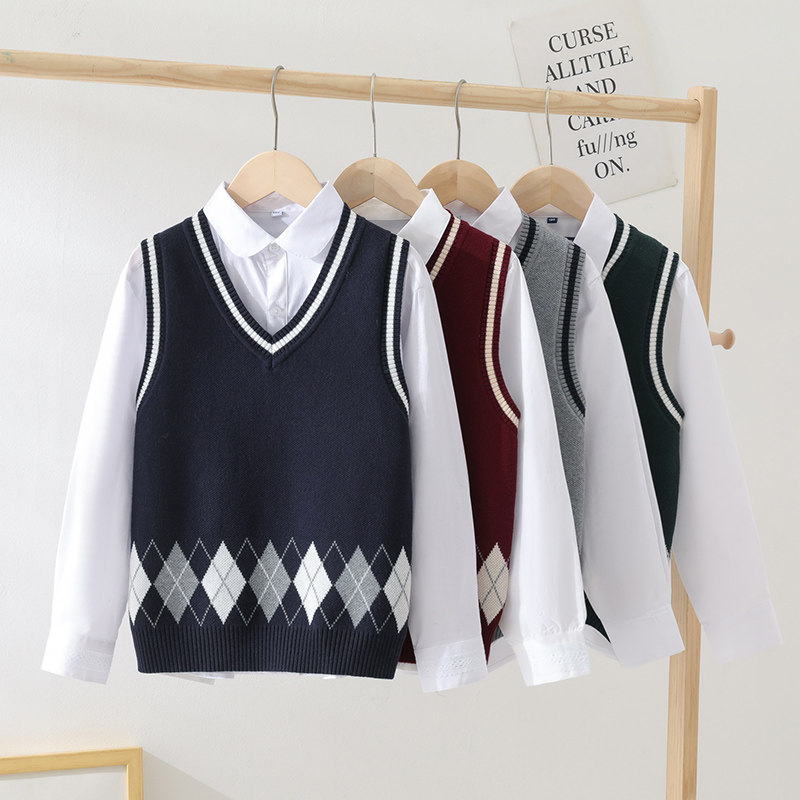女童马甲2022格子新款儿童针织学生男童校服红色学院风毛背心毛衣