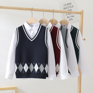 女童马甲2022格子新款儿童针织学生男童校服红色学院风毛背心毛衣