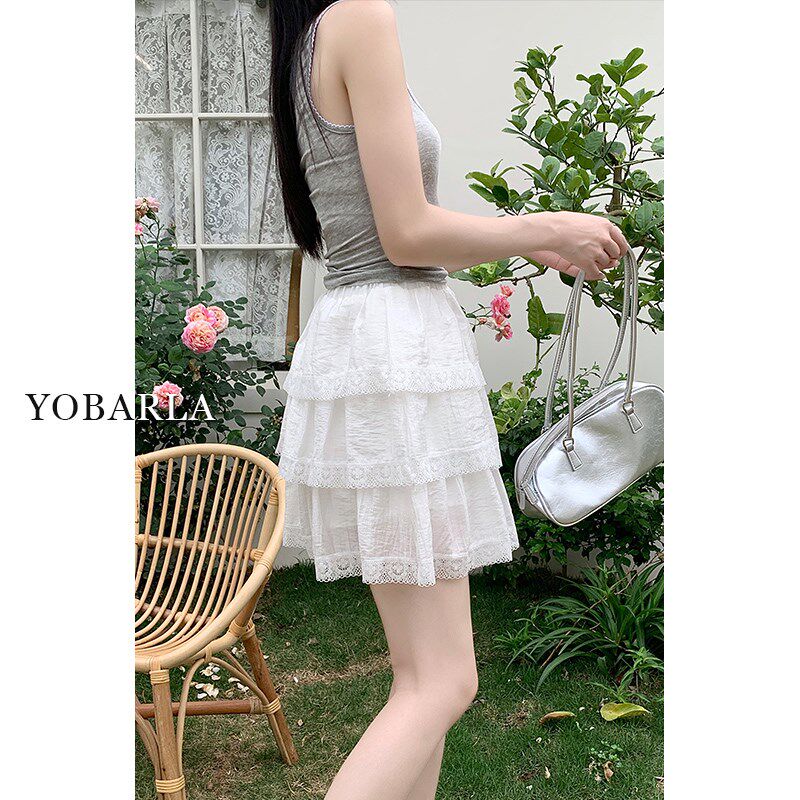 白色蓬蓬蛋糕短裙女夏季高腰大码显瘦胖mm遮胯小个子a字蕾丝纱裙