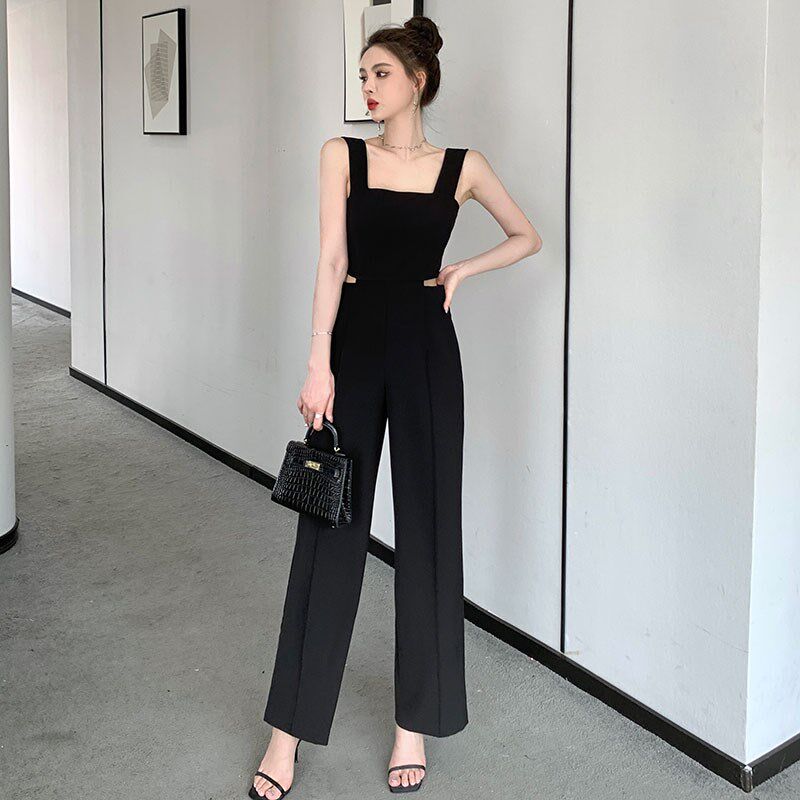 夏季镂空露腰吊带连体衣女高腰设计感背带连身阔腿长裤连体裤套装