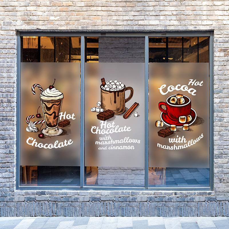 咖啡店网红甜品店装饰磨砂贴膜巧克力热可可图案彩色海报广告静电