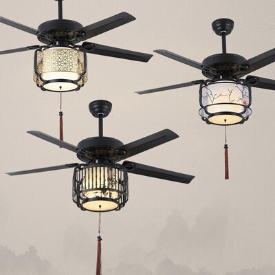 新中式餐厅风扇灯复古客厅卧室茶室仿古带灯吊扇灯智能变频电扇灯