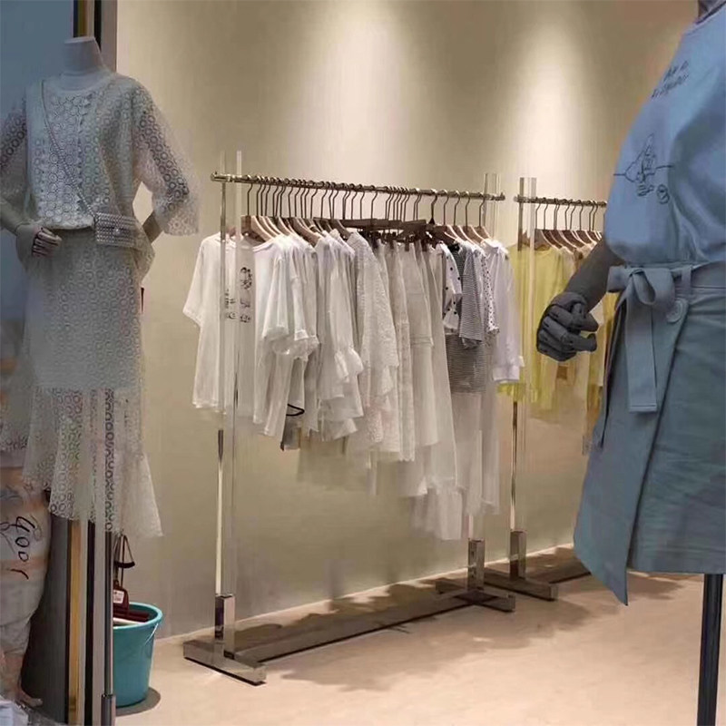 服装店陈列架女装店落地式透明亚克力水晶正挂不锈钢挂衣杆展示架