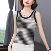 t恤女士上衣打底衫 大码 新款 外穿条纹无袖 吊带背心女装 2024年夏季