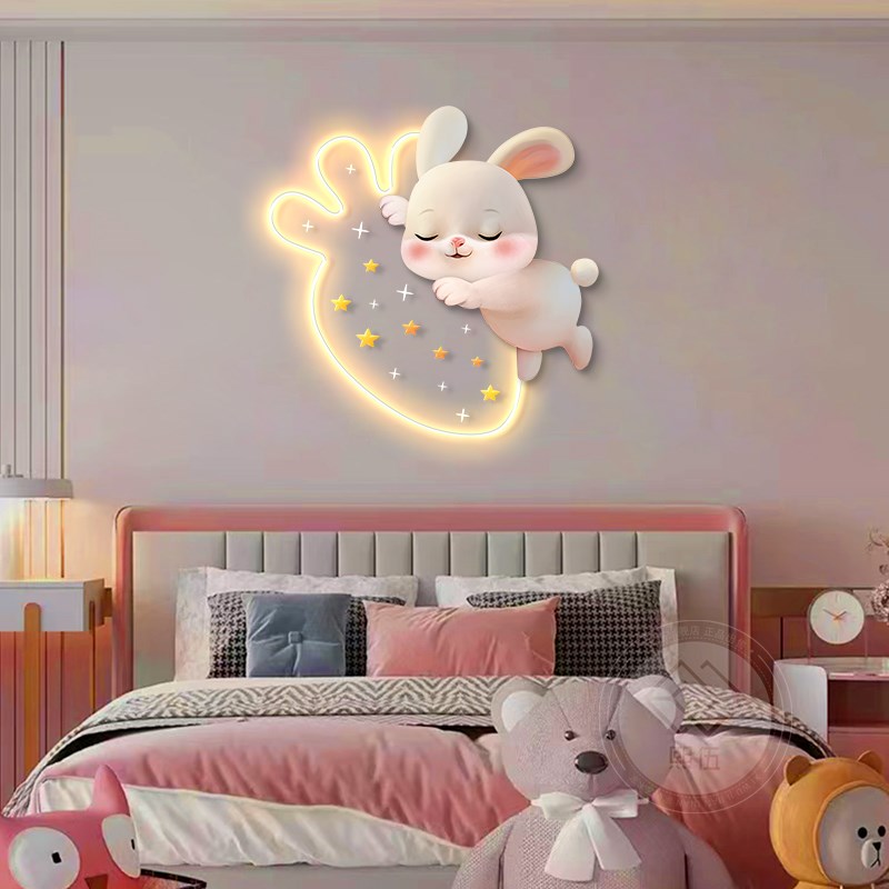 儿童房装饰画兔子公主房背景墙床头发光挂画led灯氛围感温馨壁画